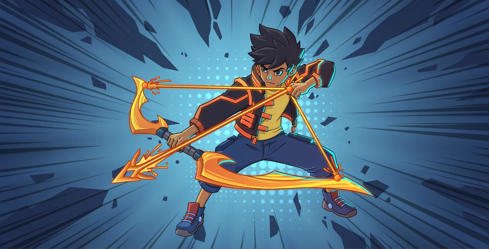 Alley drawing a flaming bow, an arrow of fire nocked, against a burst of blue light