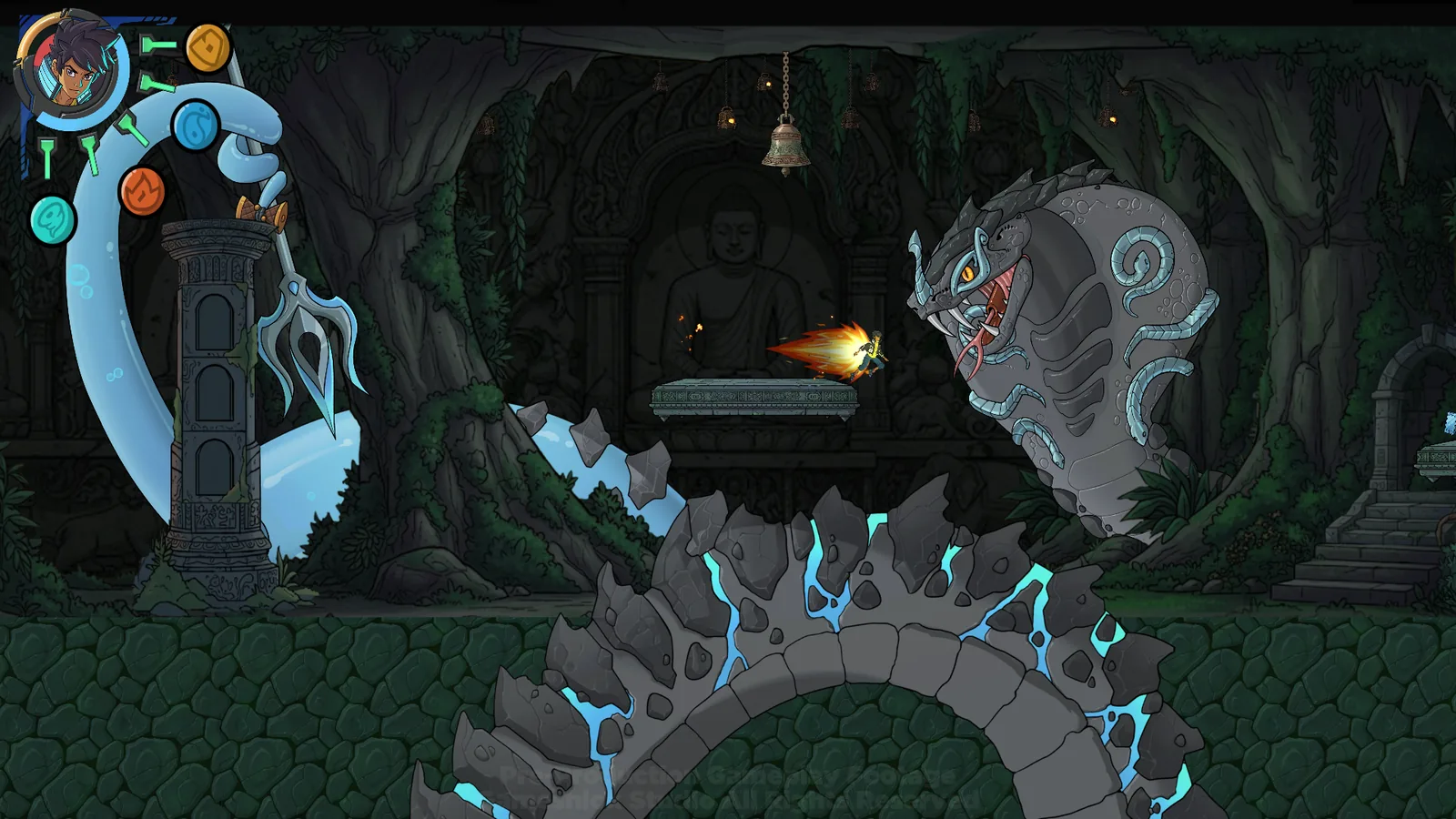 Alley fires at a giant stone cobra