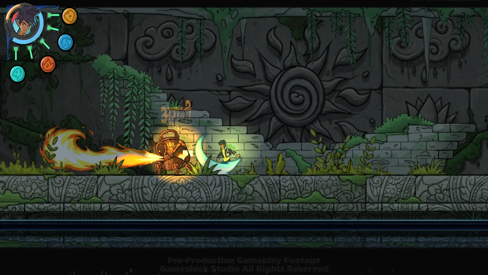 Alley fights a flame-throwing construct