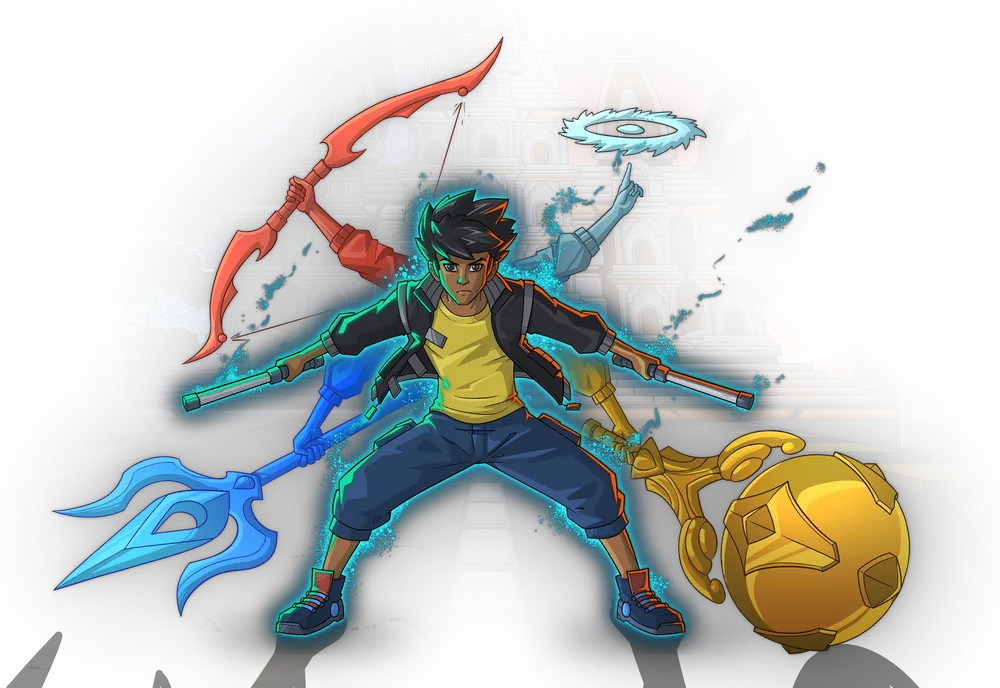 A street kid holding all five elemental weapons at once