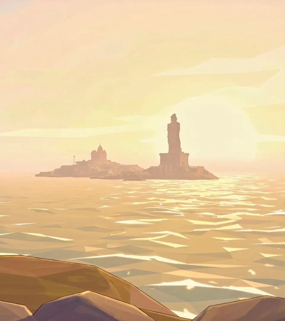 The sea at sunset, a rock memorial and a statue on an island offshore