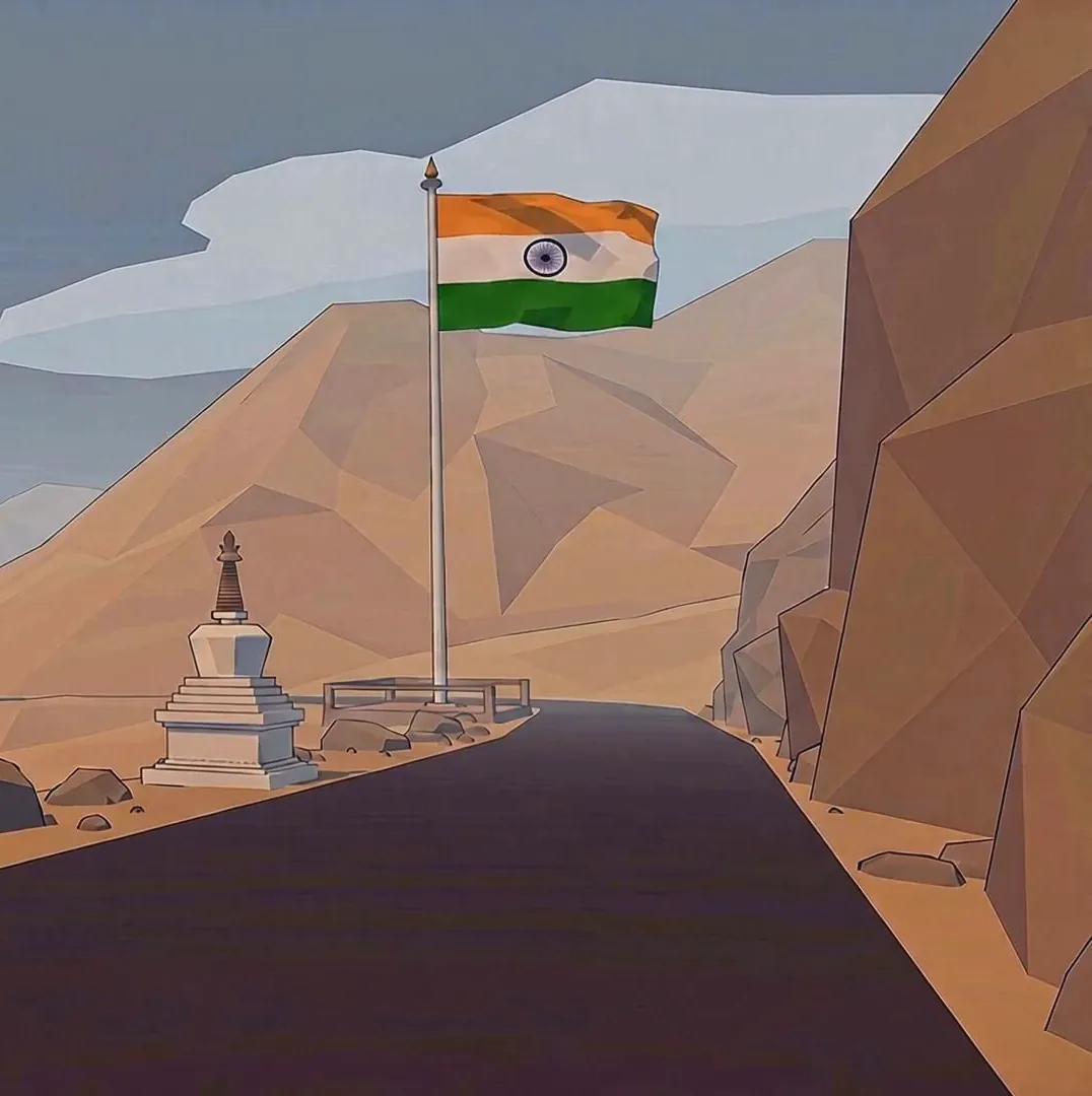 A mountain road beside a white stupa, the Indian flag flying on a tall pole