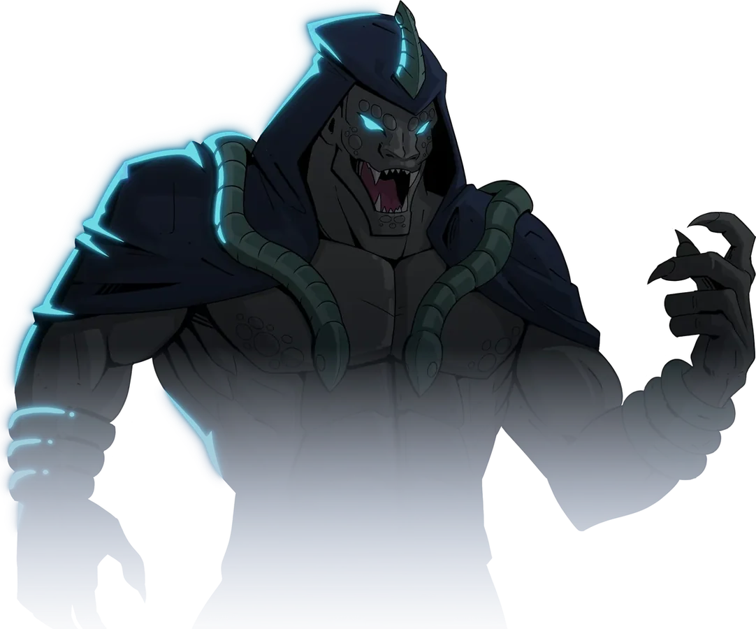 A hooded giant with glowing blue eyes, a snake coiled at his chest