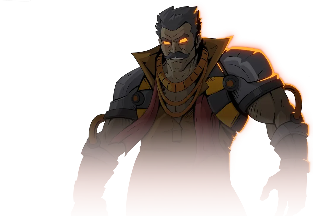 A moustached giant in a long coat with glowing orange eyes